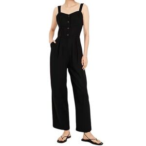 Old Navy Black Linen Blend Button Front Smocked Back Wide Leg Jumpsuit Women's M